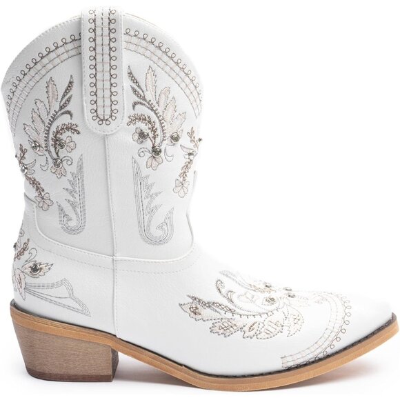 Women White Cowgirl with Sparkly Embroidered Rhinestone Short Western Ankle Boot - Picture 3 of 8